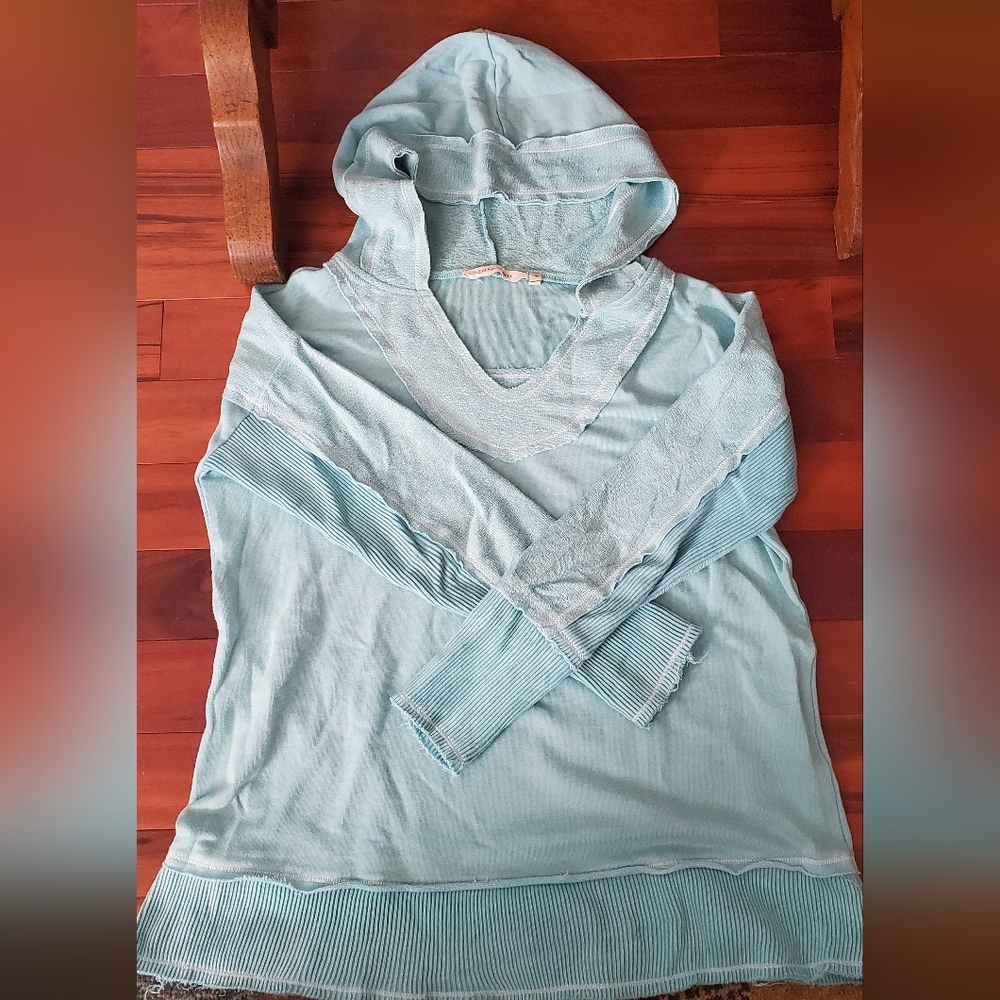 Soft Surroundings Hooded Shirt Top Women's Sz. M, Light Blue Aqua